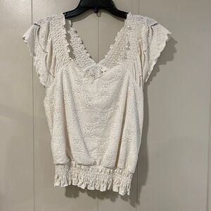Urban Romantics White Eyelet Lace Blouse Women’s Large Boho V-Neck Flutter Sleev